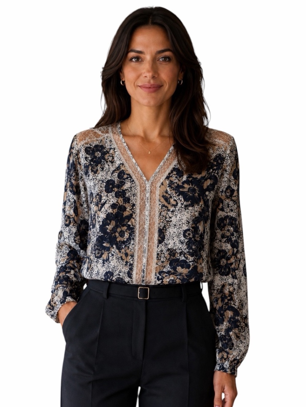 Pleione Medium Blue Cream Lace Floral Long Sleeve Draped Silhouette Blouse